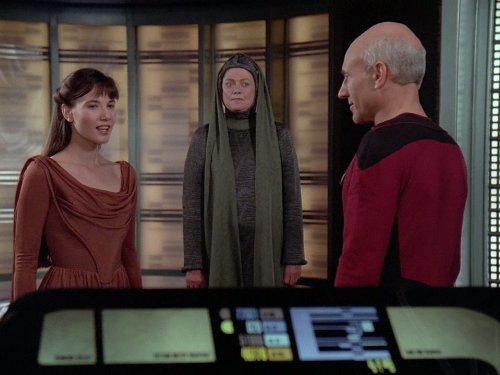 Patrick Stewart, Paddi Edwards, and Jaime Hubbard in Star Trek: The Next Generation (1987)