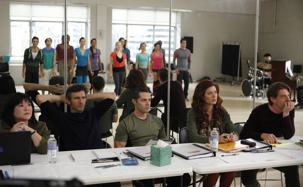 Debra Messing, Jack Davenport, Ann Harada, Christian Borle, Derek Wills, and Joshua Bergasse in Smash (2012)