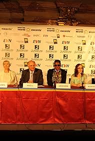  Save the World Awards Press Conference, July 24, 2009, including artist Gottfried Helnwein, Superfund founder Christian Baha, Nobel Laureate Betty Williams, Governor of Lower Austria Erwin Proll, music legend Jermaine Jackson, attorney-television personality Vicki Roberts, actress Andie MacDowell, and Olympian Carl Lewis. 