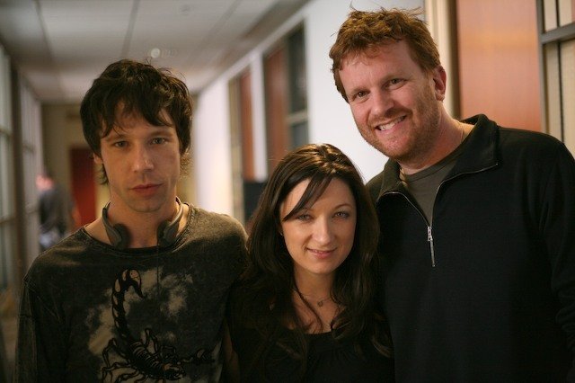 Writer/director Vince Vieluf (left) and producers Caitlin Murney (center) and Gil Cates Jr. (right) on the set of Order of Chaos