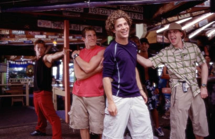 (L-R) Brandon (Greg Siff, in red), Justin (Justin Guarini) and Eddie (Brian  Dietzen) enjoy Spring Break in Miami (Background dancer at left Brandon Henschel). 