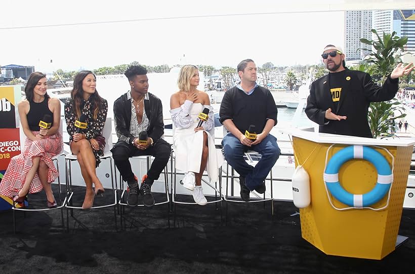 Kevin Smith, Emma Lahana, Ally Maki, Joe Pokaski, Olivia Holt, and Aubrey Joseph at an event for Cloak & Dagger (2018)