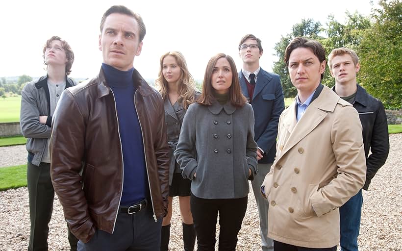 Rose Byrne, Nicholas Hoult, James McAvoy, Michael Fassbender, Lucas Till, Jennifer Lawrence, and Caleb Landry Jones in X-Men: First Class (2011)