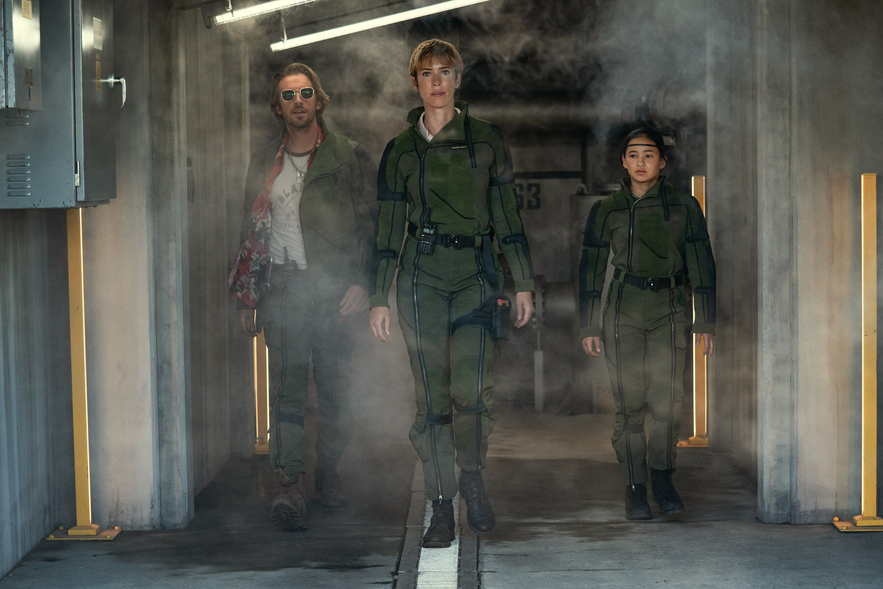 Rebecca Hall, Kaylee Hottle, and Dan Stevens in Godzilla x Kong: The New Empire (2024)