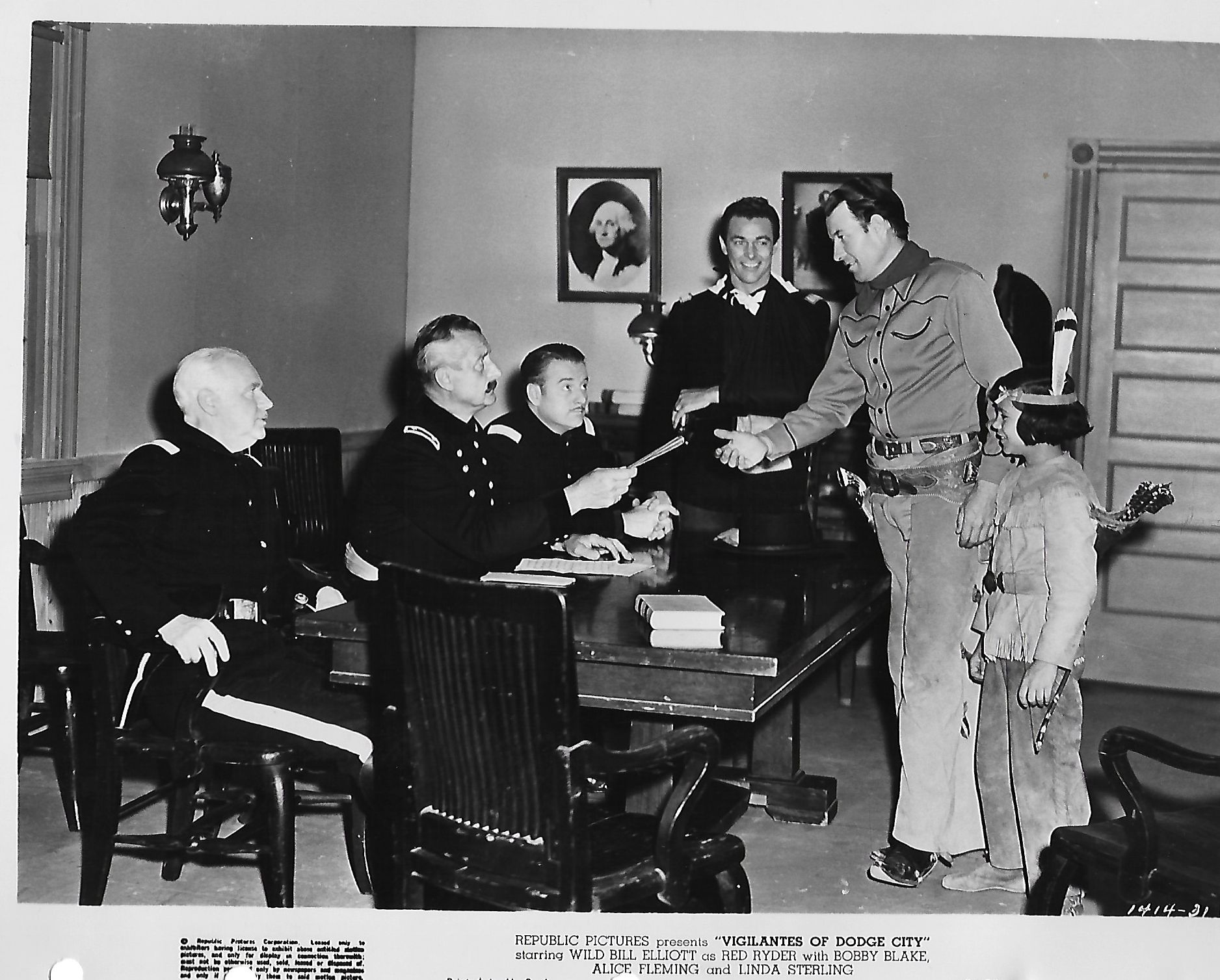 Stanley Andrews, Steve Barclay, Robert Blake, and Bill Elliott in Vigilantes of Dodge City (1944)