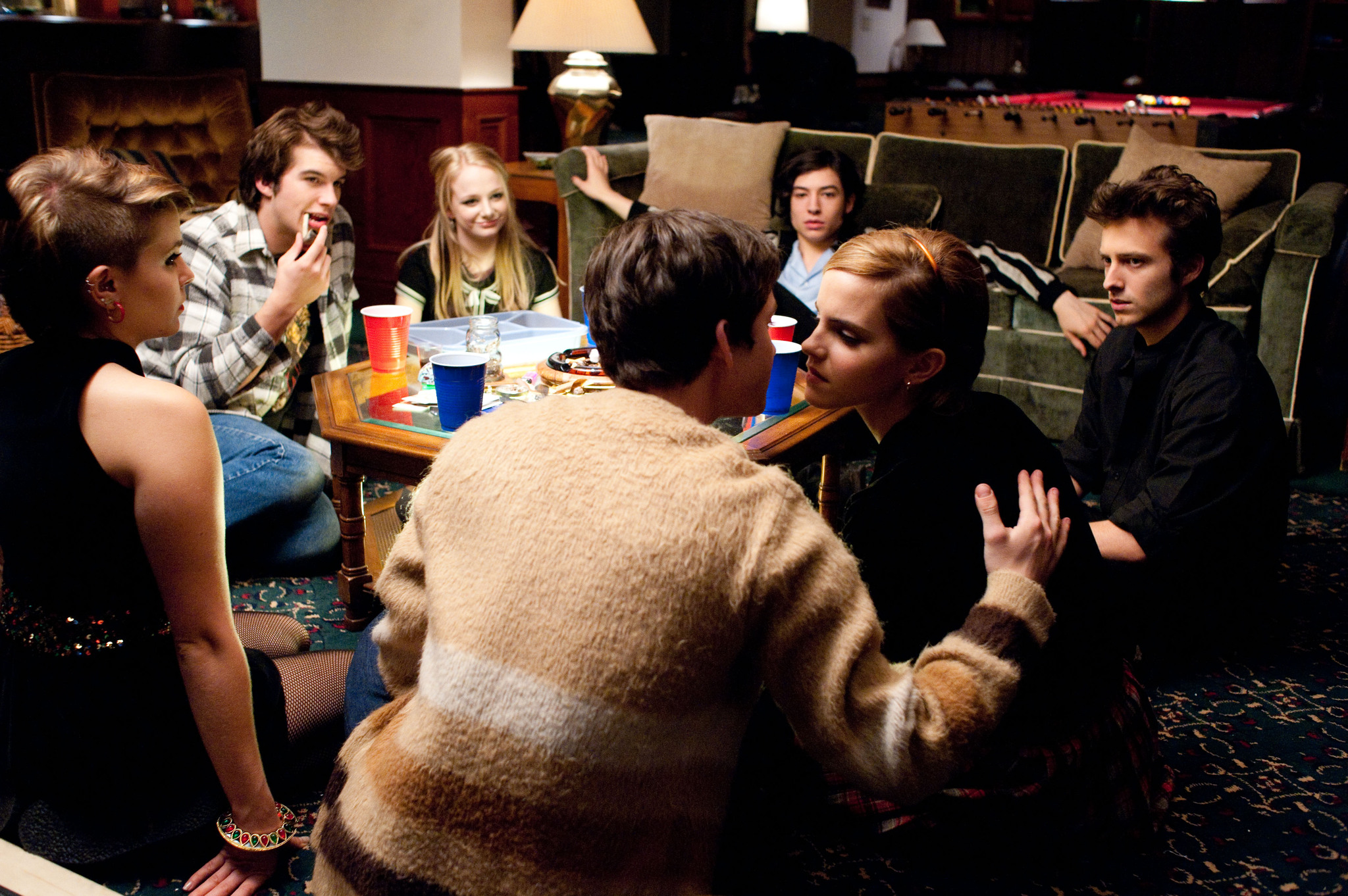 Logan Lerman, Emma Watson, Mae Whitman, Reece Thompson, Ezra Miller, Adam Hagenbuch, and Erin Wilhelmi in The Perks of Being a Wallflower (2012)