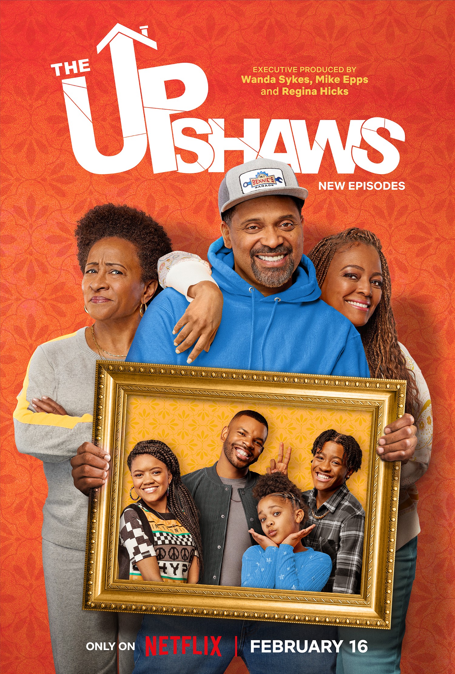 Kim Fields, Mike Epps, Wanda Sykes, Journey Christine, Diamond Lyons, Jermelle Simon, and Khali Spraggins in The Upshaws (2021)