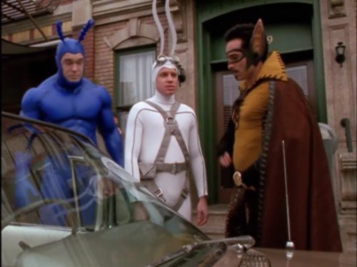 Nestor Carbonell, David Burke, and Patrick Warburton in The Tick (2001)