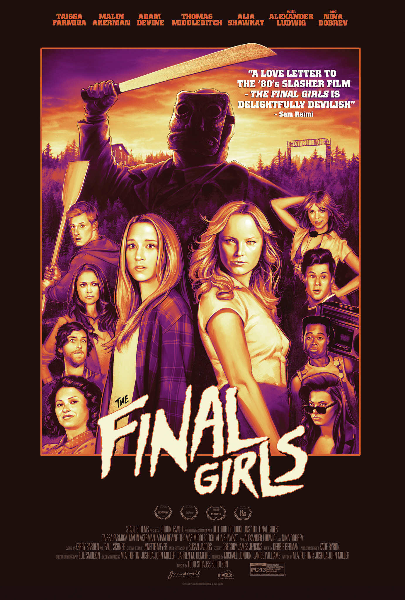 Malin Akerman, Alia Shawkat, Alexander Ludwig, Angela Trimbur, Chloe Bridges, Nina Dobrev, Adam Devine, Thomas Middleditch, Tory N. Thompson, Daniel Norris, and Taissa Farmiga in The Final Girls (2015)