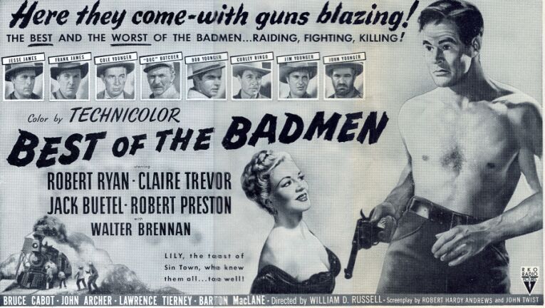 John Archer, Jack Buetel, Bruce Cabot, John Cliff, Robert Ryan, Lawrence Tierney, Claire Trevor, Tom Tyler, and Robert J. Wilke in Best of the Badmen (1951)