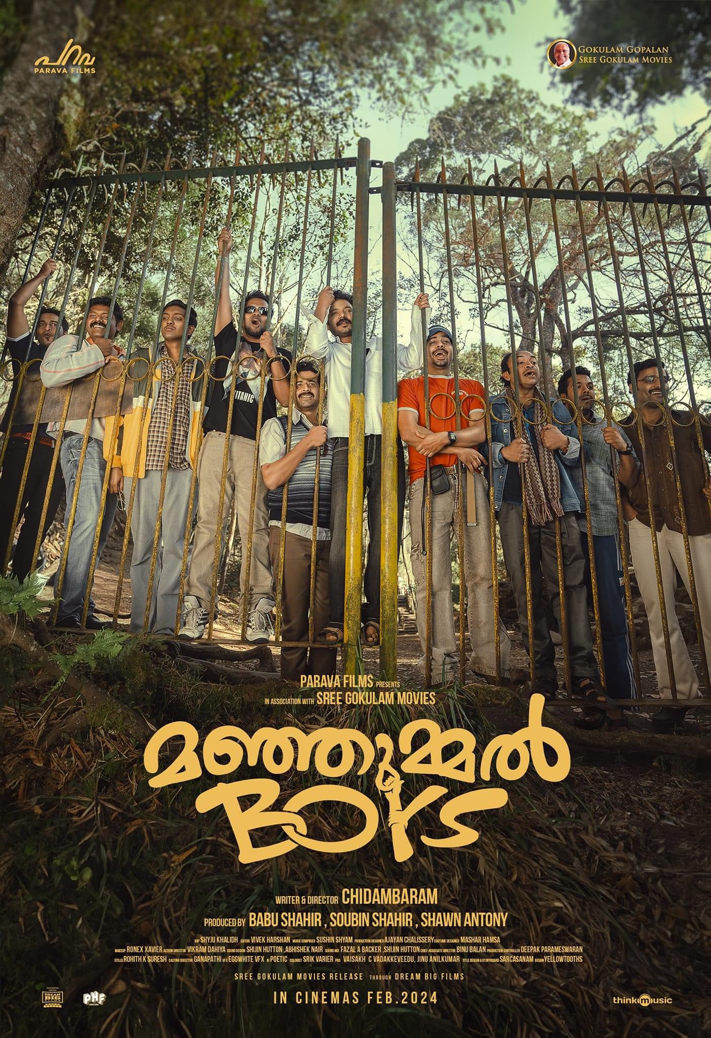 Vishnu Reghu, Chandu Salimkumar, Ganapathi, Sreenath Bhasi, Jean Paul Lal, Deepak Parambol, Soubin Shahir, Shebin Benson, Balu Varghese, Khalid Rahman, Arun Kurian, and Abhiram Radhakrishnan in Manjummel Boys (2024)