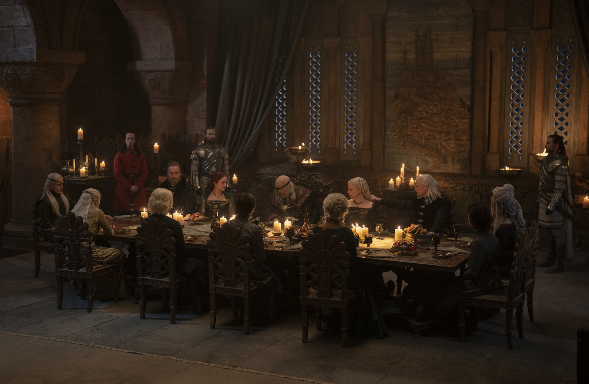 Paddy Considine, Rhys Ifans, Phia Saban, Olivia Cooke, Tom Glynn-Carney, Harry Collett, Ewan Mitchell, and Emma D'Arcy in House of the Dragon (2022)