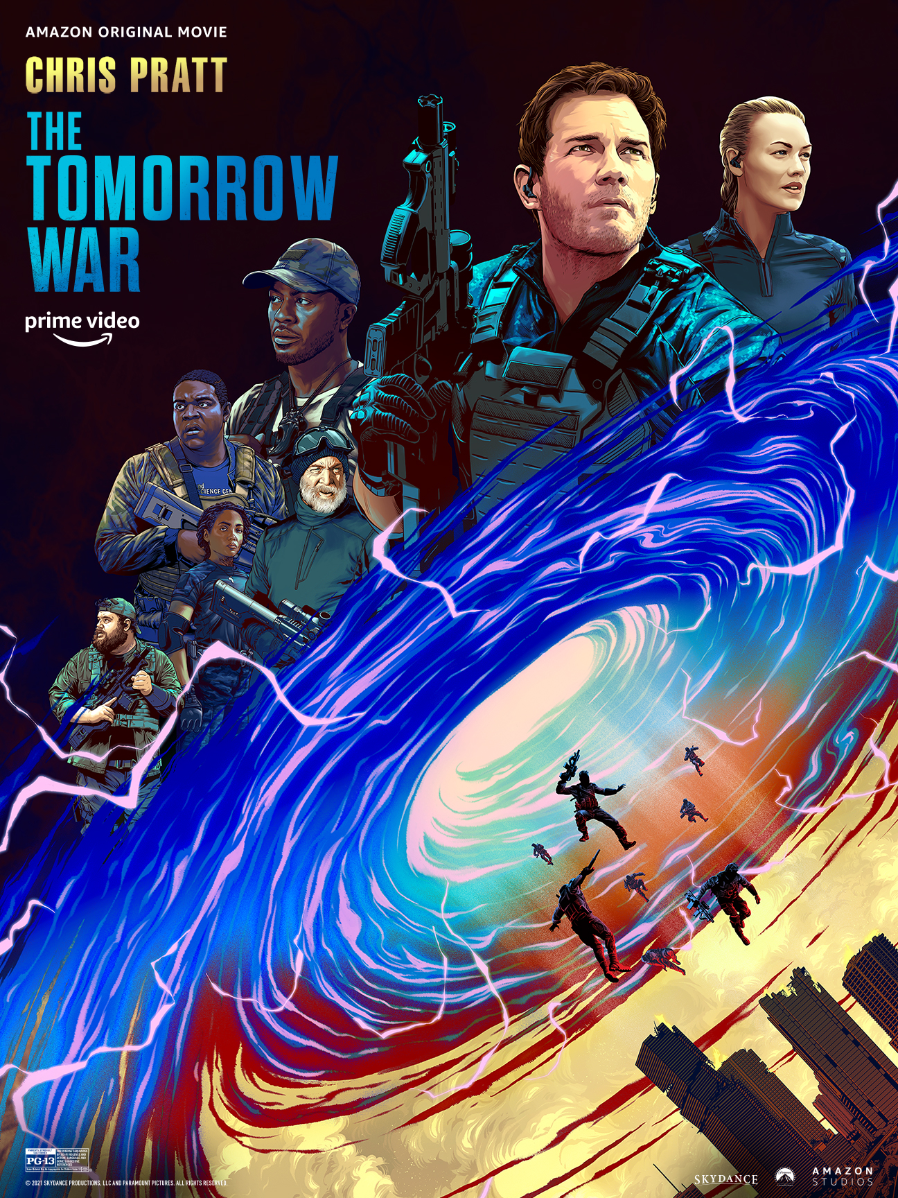 Chris Pratt, Mike Mitchell, Yvonne Strahovski, and Sam Richardson in The Tomorrow War (2021)