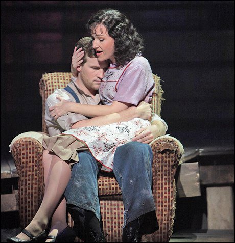 FROM THE BROADWAY BOUND WORLD PREMIERE MUSICAL "BONNIE & CLYDE". MELISSA VAN DER SCHYFF (BLANCHE BARROW) AND CLAYBOURNE ELDER (BUCK BARROW).