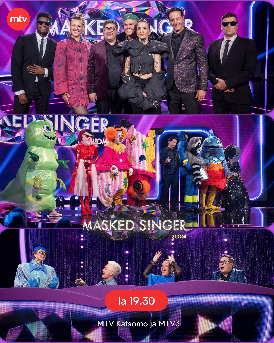 Maria Veitola, Janne Kataja, Ilkka Uusivuori, Benjamin Peltonen, and Jenni Poikelus in Masked Singer Suomi (2020)