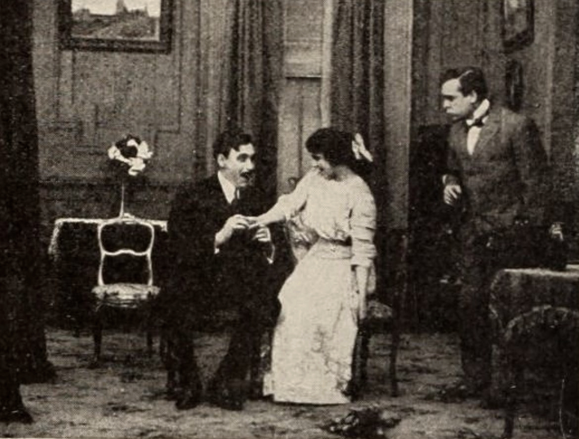 Florence Barker, Edward Dillon, and Mack Sennett in Priscilla's Engagement Ring (1911)