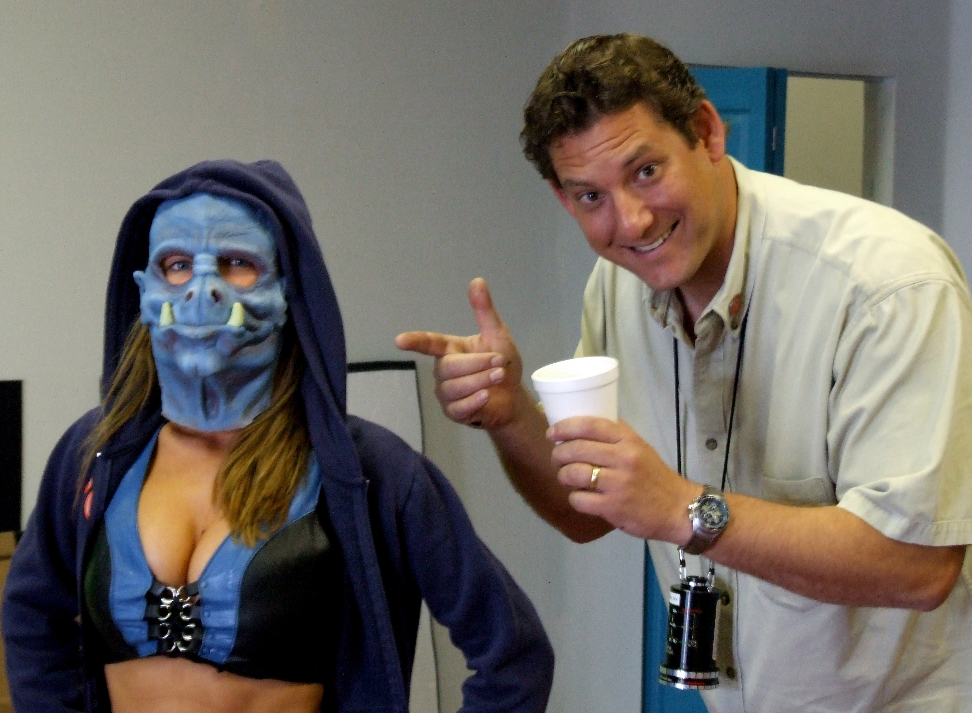 Katy O'leary and Dan Lantz goofing around on the set of "Ninja Babes from Space"