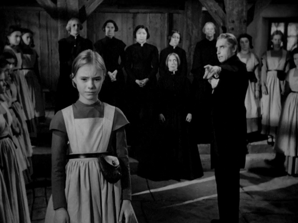 Henry Daniell, Peggy Ann Garner, Gwendolyn Logan, Moyna MacGill, Eily Malyon, and Mary Menzies in Jane Eyre (1943)