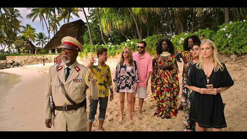 Jennifer Aniston, Adam Sandler, Enrique Arce, John Kani, Mélanie Laurent, Jodie Turner-Smith, Zurin Villanueva, and Kuhoo Verma in Murder Mystery 2 (2023)