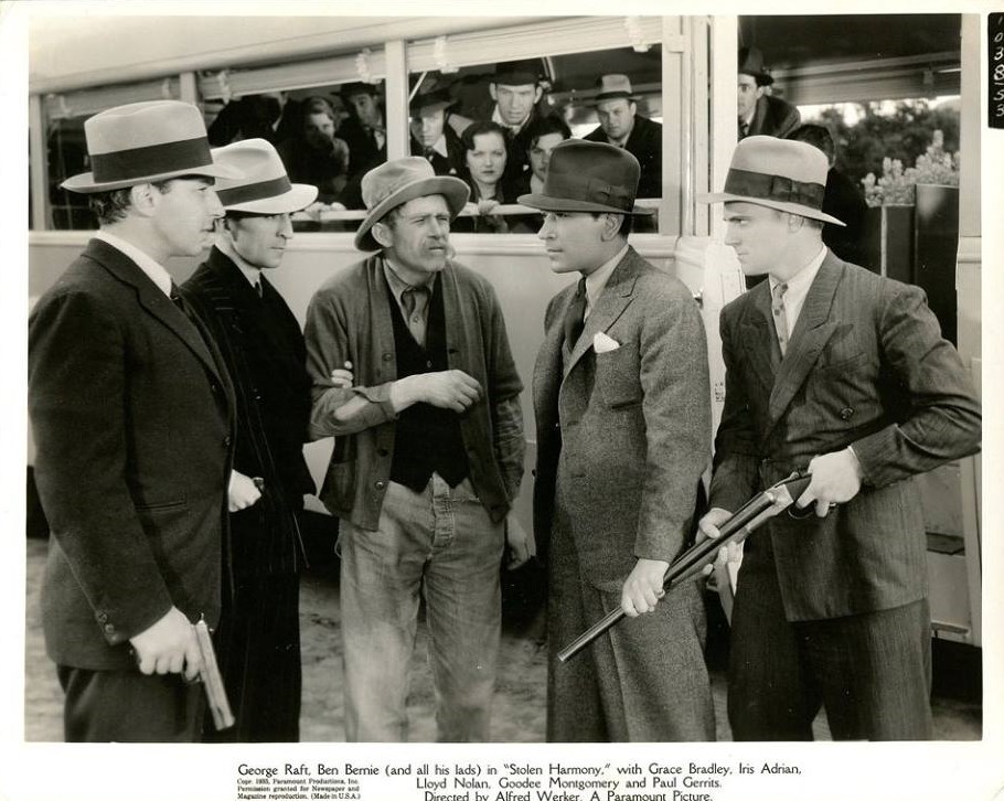 Charles Arnt, Ben Bernie, Grace Bradley, William Cagney, William Pawley, Ralf Harolde, Lois January, James T. Mack, Goodee Montgomery, Lloyd Nolan, Jack Norton, George Raft, and Christian Rub in Stolen Harmony (1935)