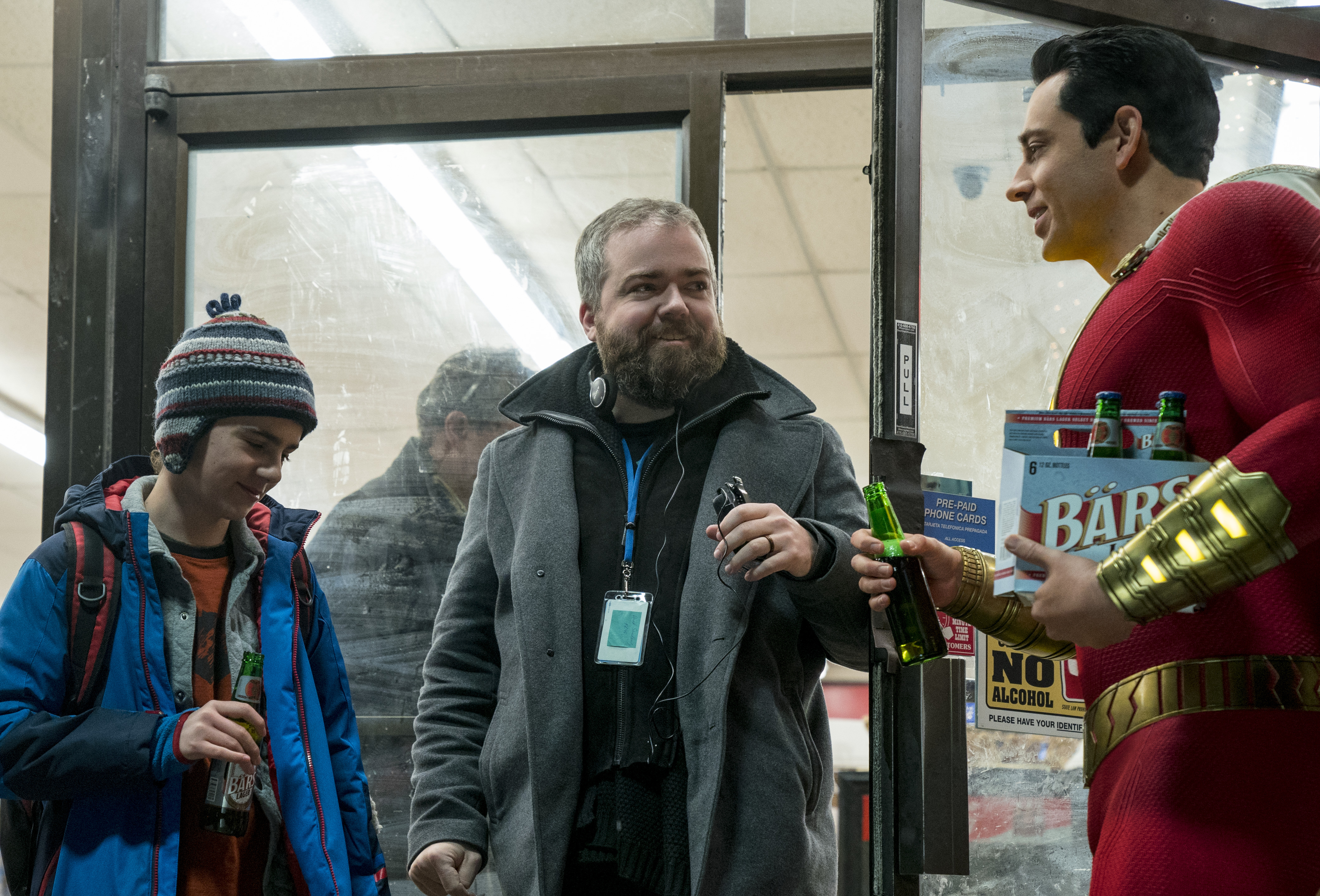 Zachary Levi, David F. Sandberg, and Jack Dylan Grazer in Shazam! (2019)