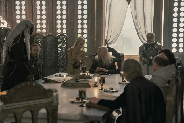 Paddy Considine, Garry Cooper, Rhys Ifans, Steve Toussaint, and Milly Alcock in House of the Dragon (2022)