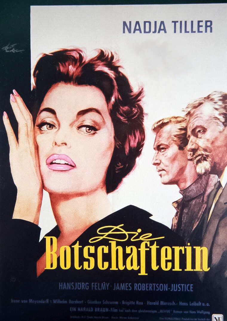 Hansjörg Felmy, James Robertson Justice, and Nadja Tiller in Die Botschafterin (1960)