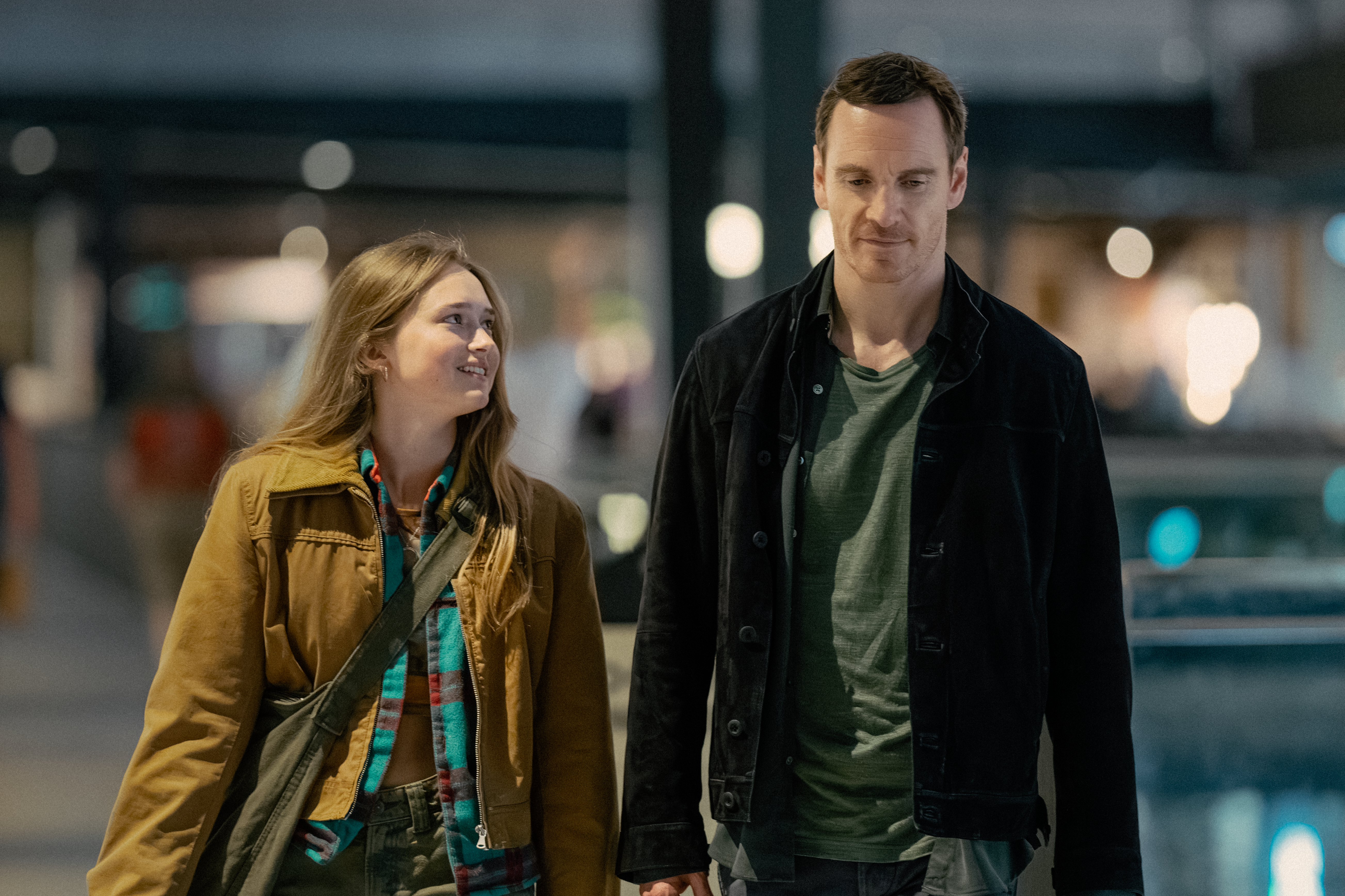 Luke Varley, Michael Fassbender, India Fowler, Poppy, and Martian in The Agency (2024)