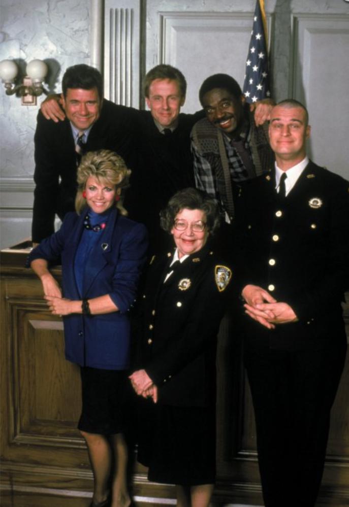 Harry Anderson, Florence Halop, John Larroquette, Charles Robinson, Richard Moll, and Markie Post in Night Court (1984)