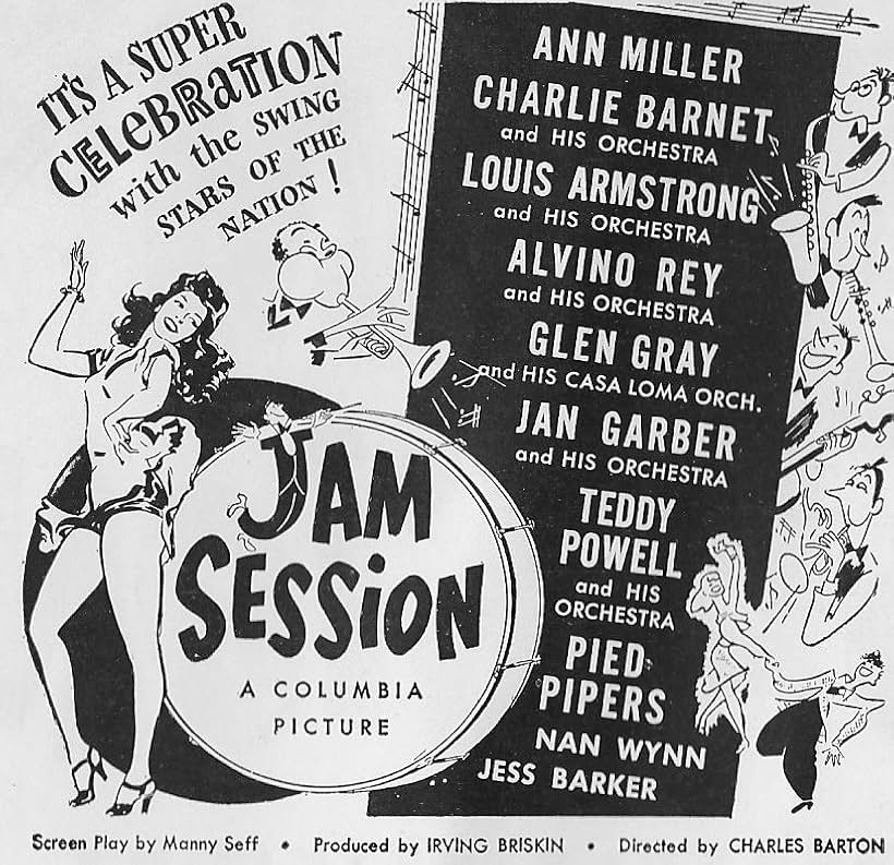 Louis Armstrong, Charlie Barnet, Jan Garber, Glen Gray, Ann Miller, Teddy Powell, and Alvino Rey in Jam Session (1944)