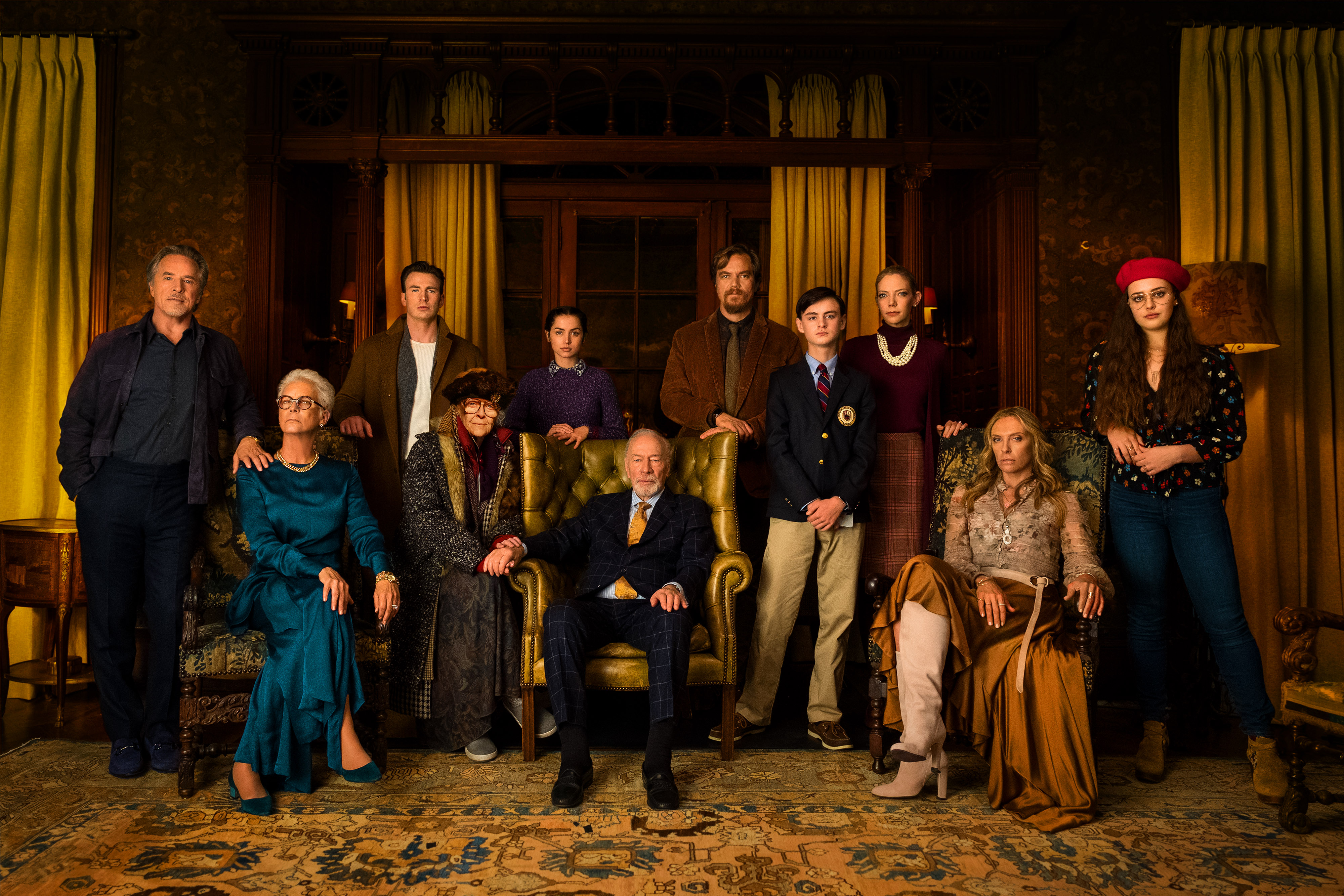 Jamie Lee Curtis, Don Johnson, Toni Collette, Christopher Plummer, K Callan, Chris Evans, Michael Shannon, Riki Lindhome, Ana de Armas, Jaeden Martell, and Katherine Langford in Knives Out (2019)