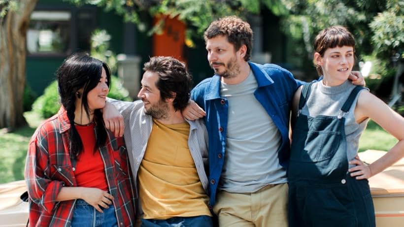 Michael Angarano, Michael Cera, Kristen Stewart, and Maya Erskine in Sacramento (2024)