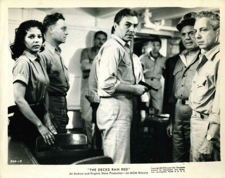 James Mason, Harry Bartell, Dorothy Dandridge, and John Gallaudet in The Decks Ran Red (1958)