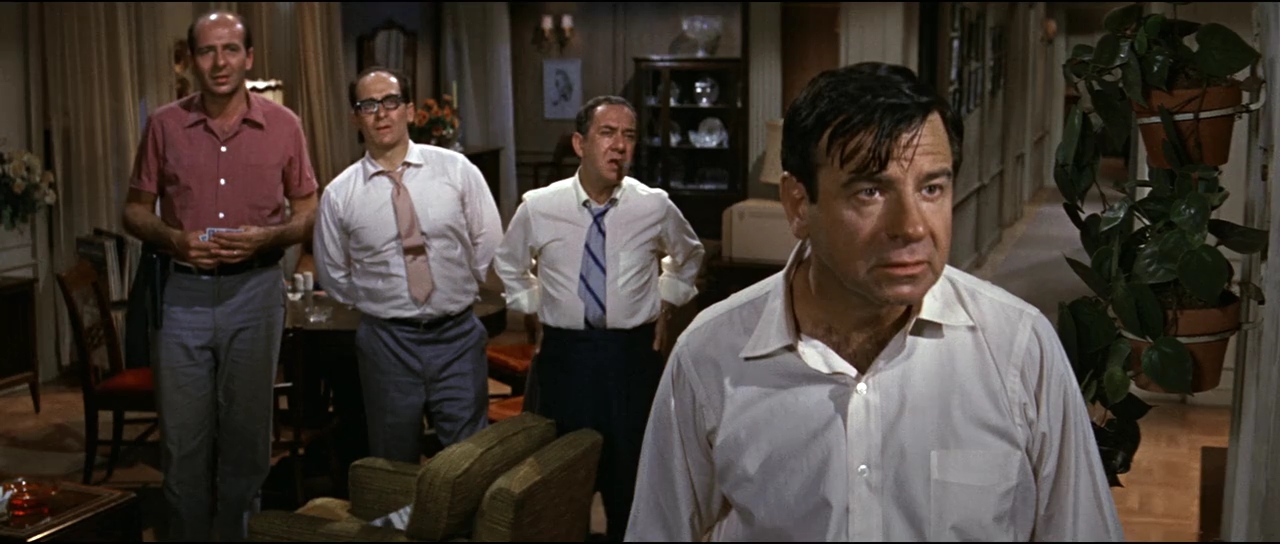 Walter Matthau, Herb Edelman, Larry Haines, and David Sheiner in The Odd Couple (1968)