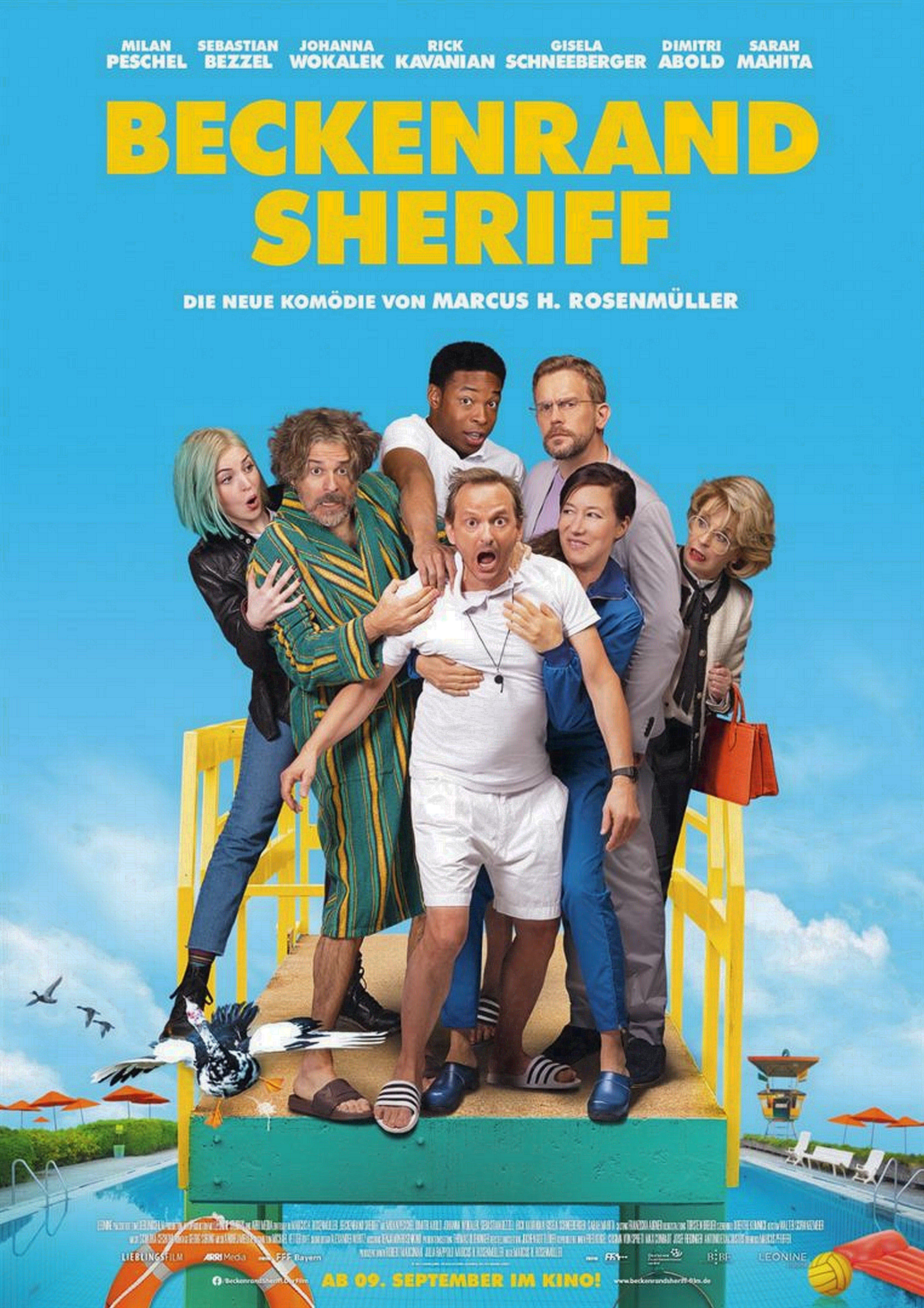 Sebastian Bezzel, Rick Kavanian, Milan Peschel, Gisela Schneeberger, Johanna Wokalek, Dimitri Abold, and Sarah Mahita in Beckenrand Sheriff (2021)