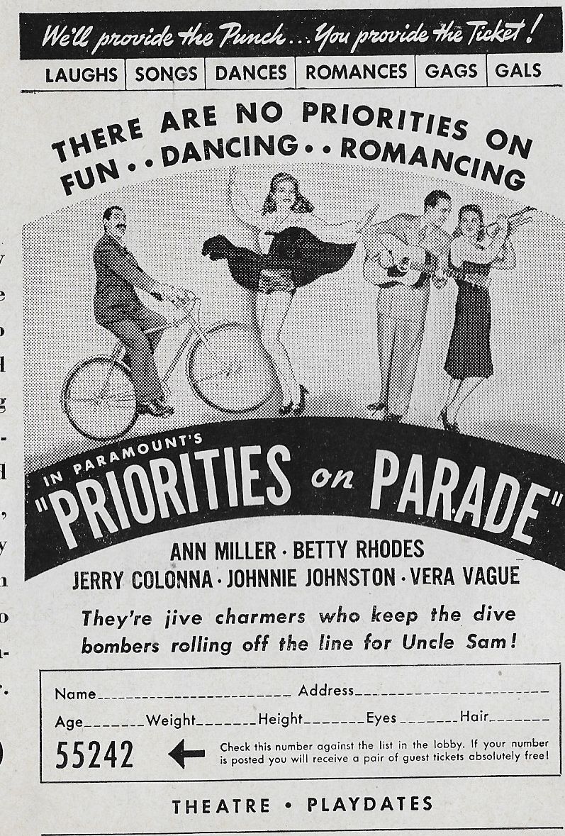 Jerry Colonna, Johnny Johnston, Ann Miller, and Betty Jane Rhodes at an event for Priorities on Parade (1942)