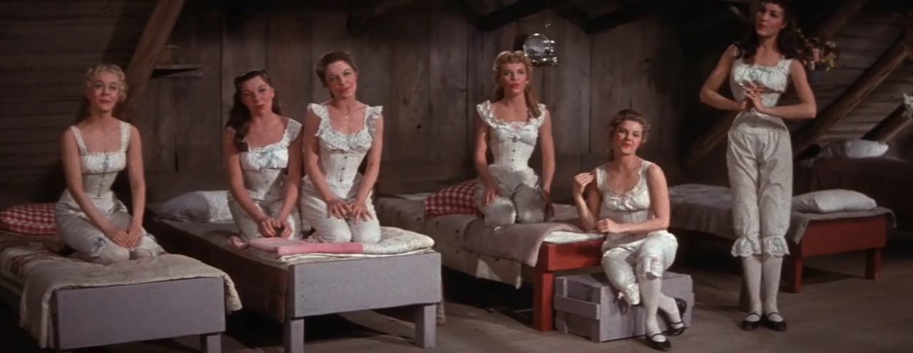 Betty Carr, Norma Doggett, Virginia Gibson, Nancy Kilgas, Ruta Lee, and Julie Newmar in Seven Brides for Seven Brothers (1954)