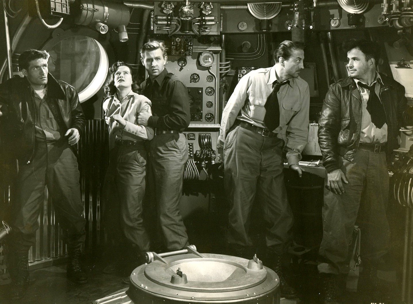 Noah Beery Jr., Lloyd Bridges, John Emery, Osa Massen, and Hugh O'Brian in Rocketship X-M (1950)