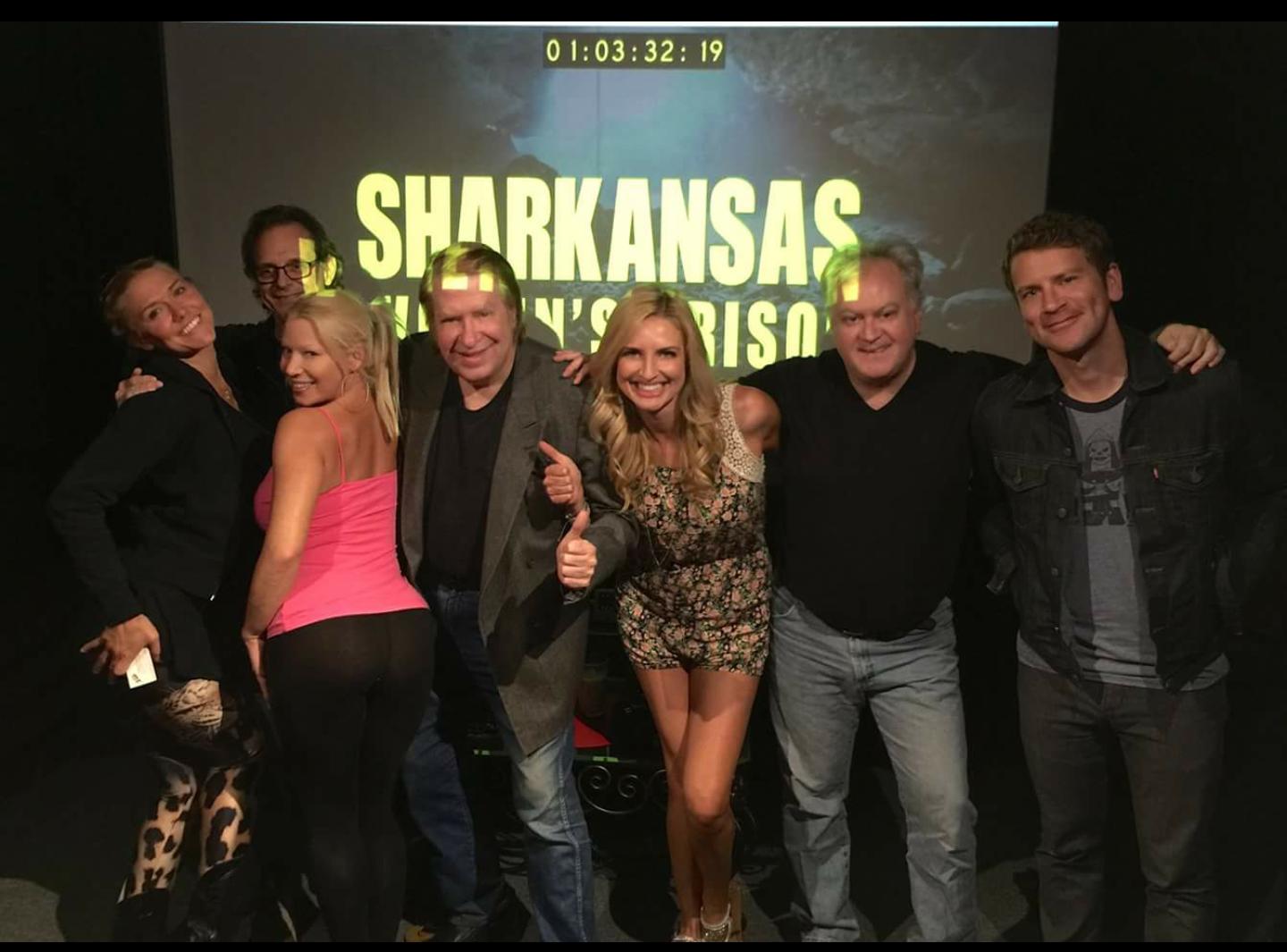 Dominique Swain, Chuck Cirino, John Callahan, Steve Goldenberg, Jim Wynorski, Tony Randel, Corey Landis, Amy Holt, and Skye McDonald at an event for Sharkansas Women's Prison Massacre (2015)