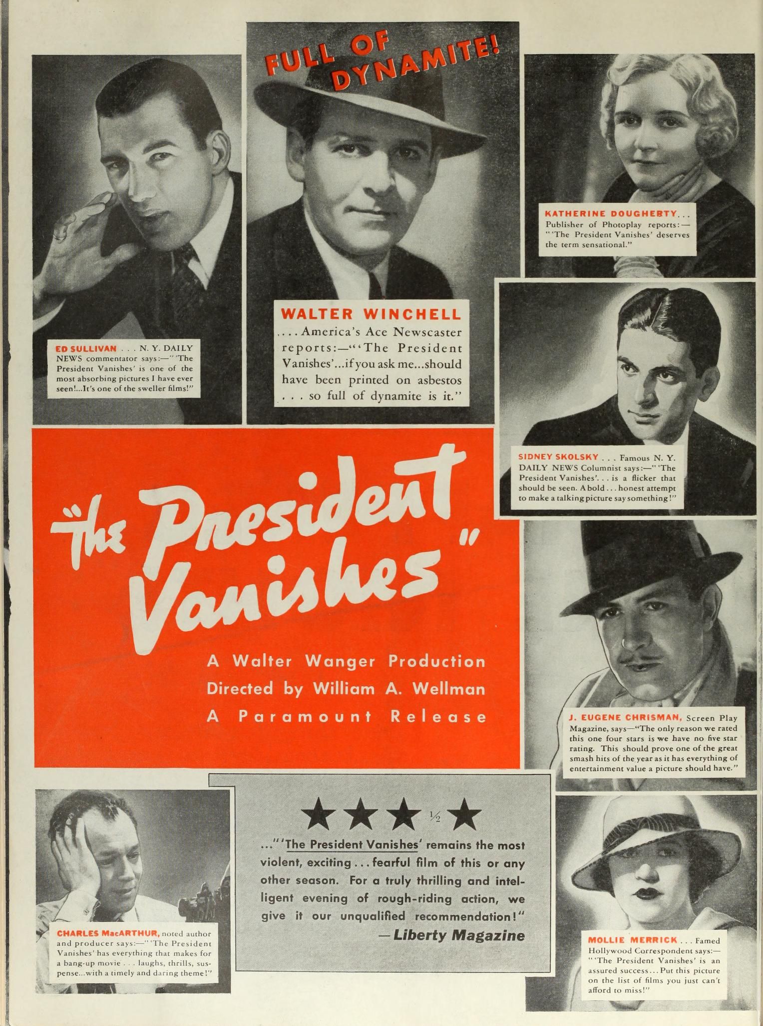 Charles MacArthur, Sidney Skolsky, Ed Sullivan, Walter Winchell, Gene Chrisman, and Katherine Daugherty in The President Vanishes (1934)