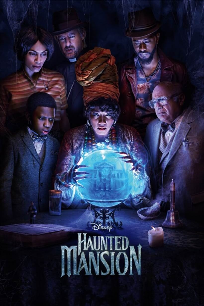 Danny DeVito, Owen Wilson, Mike Benitez, Rosario Dawson, Chase Dillon, Tiffany Haddish, and LaKeith Stanfield in Haunted Mansion (2023)