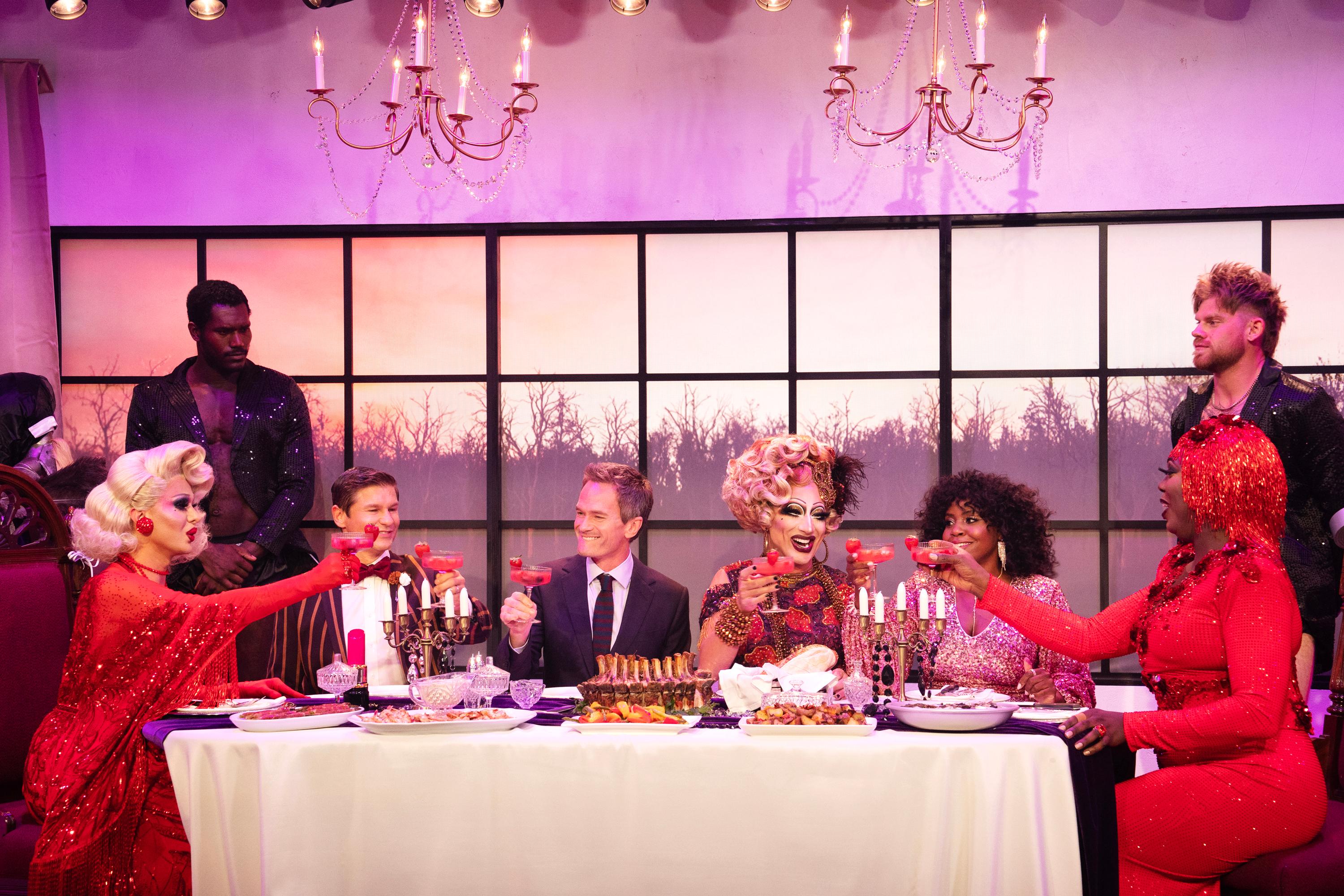 Neil Patrick Harris, David Burtka, Roy Haylock, Haneefah Wood, Latrice Royale, and Ryan A. Taylor in Drag Me to Dinner (2023)