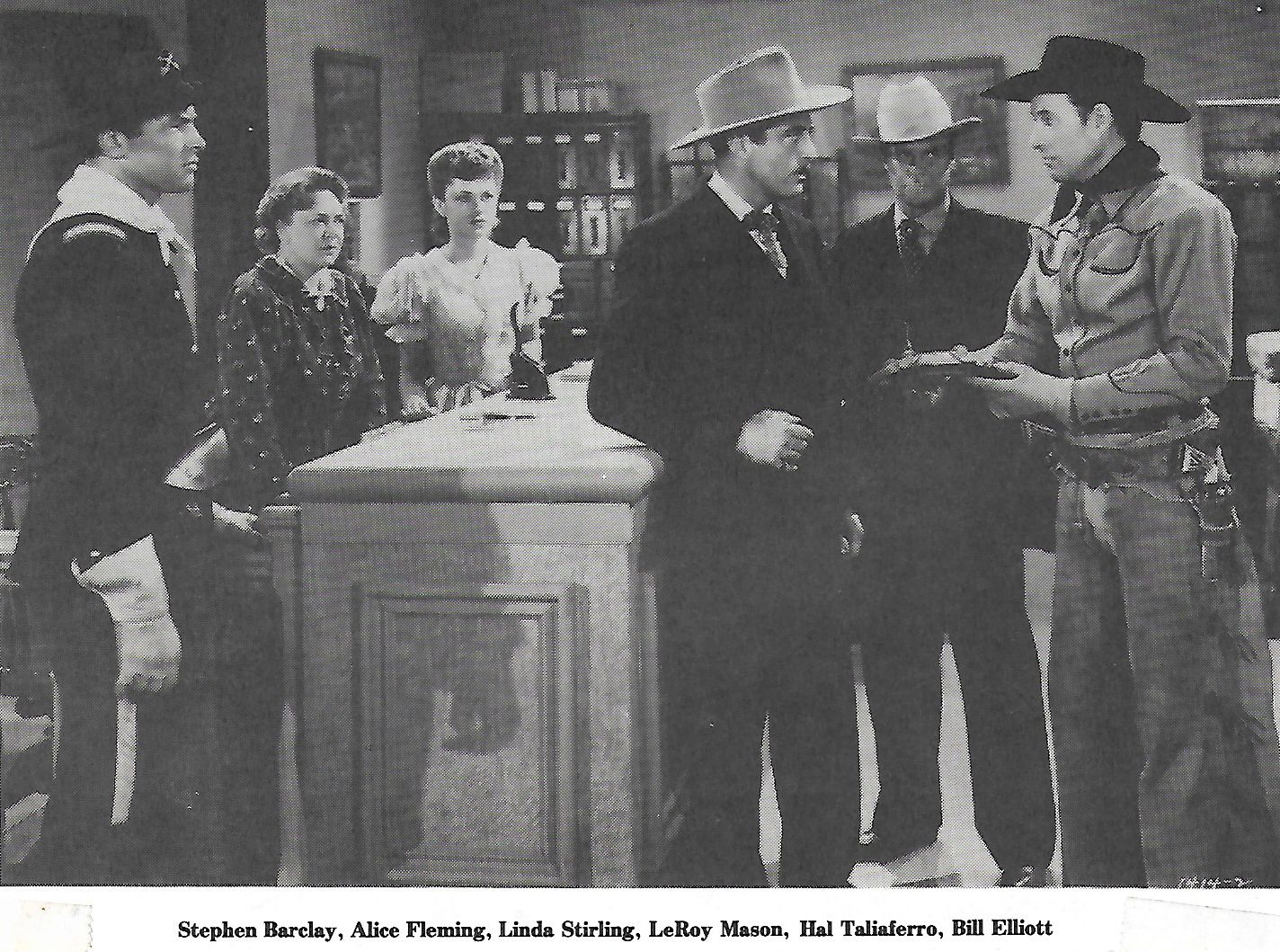 Steve Barclay, Bill Elliott, Alice Fleming, LeRoy Mason, Linda Stirling, and Hal Taliaferro in Vigilantes of Dodge City (1944)