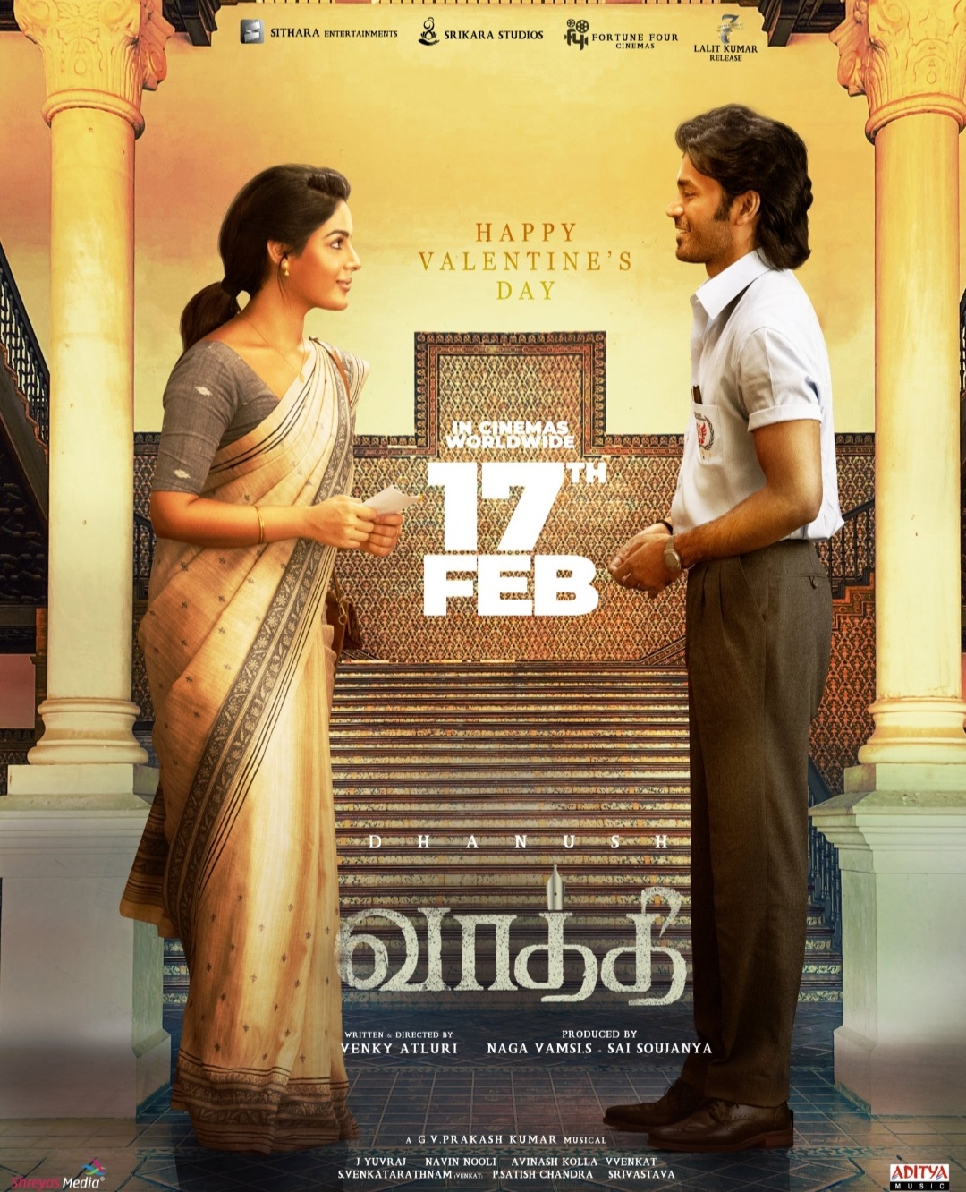 Dhanush and Samyuktha Menon in Vaathi (2023)