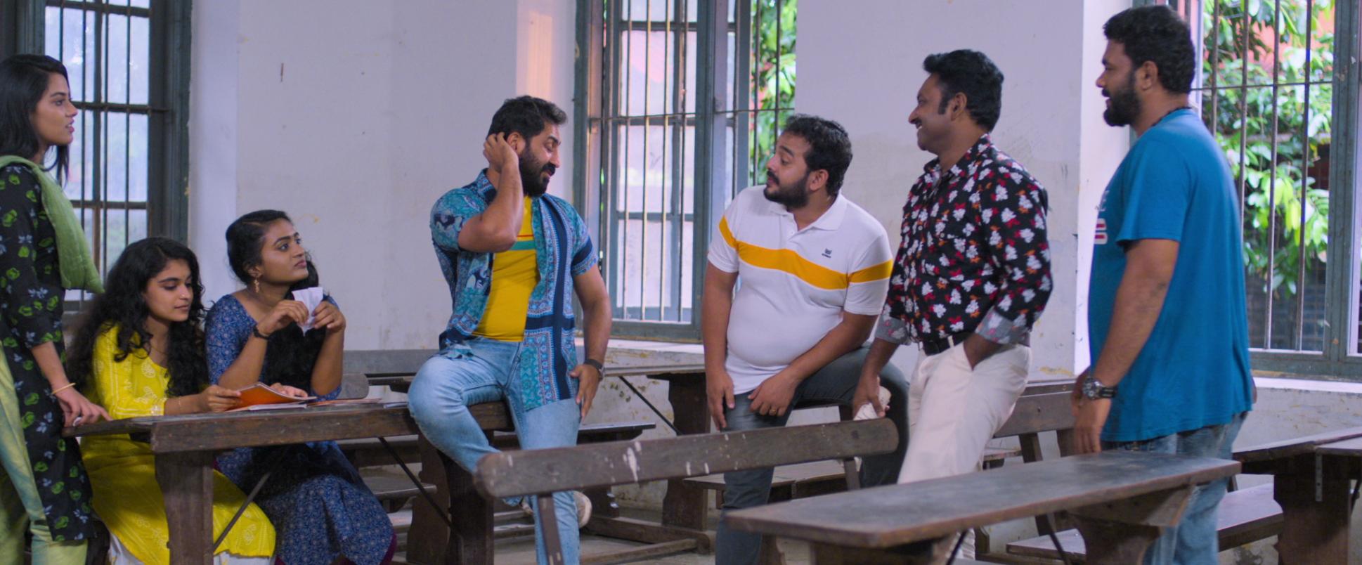 Dayyana Hameed, Kidilam Firoz, Rahul Madhav, and Joemon Joshy in Apposthalanmarude Pravarthikal (2023)