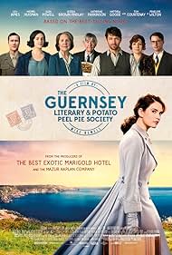 Tom Courtenay, Matthew Goode, Michiel Huisman, Penelope Wilton, Glen Powell, Katherine Parkinson, Jessica Brown Findlay, and Lily James in The Guernsey Literary and Potato Peel Pie Society (2018)