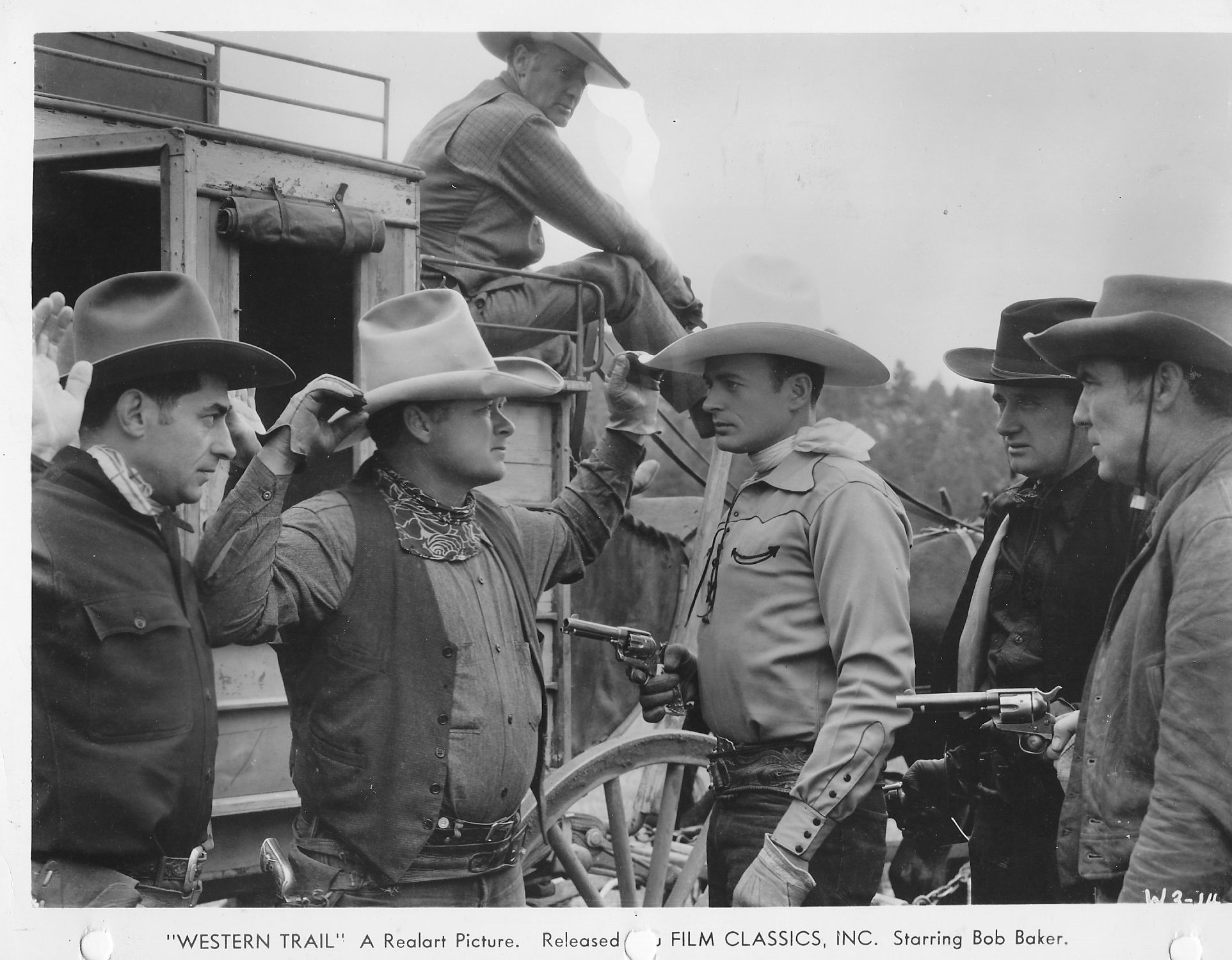 Bob Baker, Oscar Gahan, Jack Ingram, Jack Kirk, Jimmy Phillips, and Forrest Taylor in Western Trails (1938)