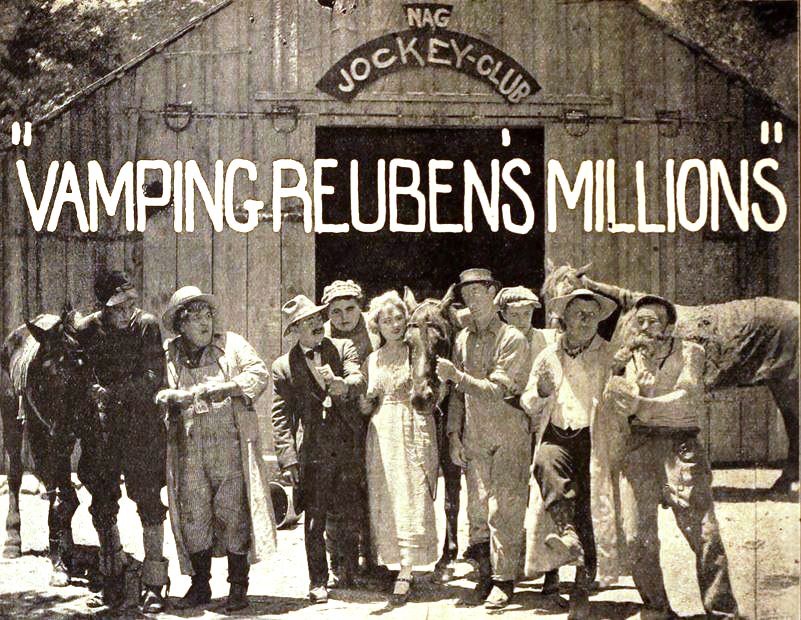 Eddie Barry, Harry Lorraine, Robert McKenzie, Eva Novak, Catherine Young, and Chester Ryckman in Vamping Reuben's Millions (1917)