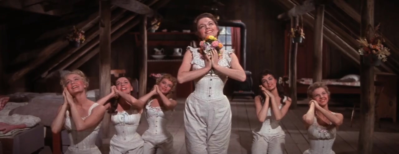 Betty Carr, Norma Doggett, Virginia Gibson, Nancy Kilgas, Ruta Lee, and Julie Newmar in Seven Brides for Seven Brothers (1954)