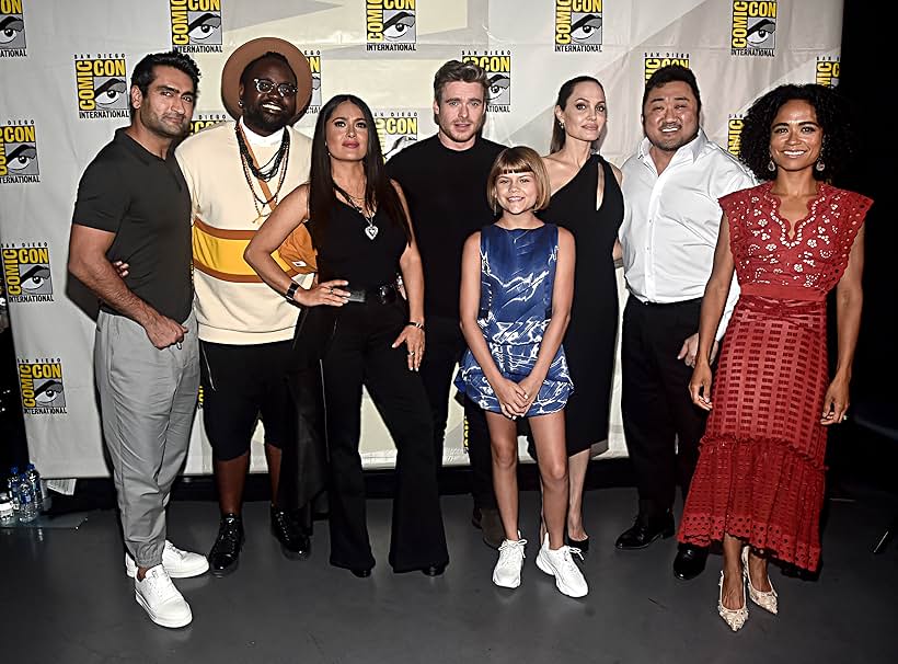 Salma Hayek, Angelina Jolie, Richard Madden, Ma Dong-seok, Brian Tyree Henry, Kumail Nanjiani, Lauren Ridloff, and Lia McHugh at an event for Eternals (2021)